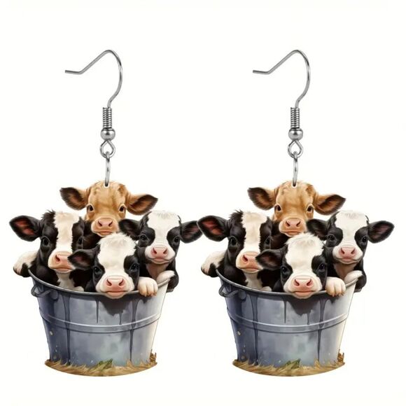 New Adorable Bucket Cow Design Dangle Acrylic Earrings - Picture 6 of 6